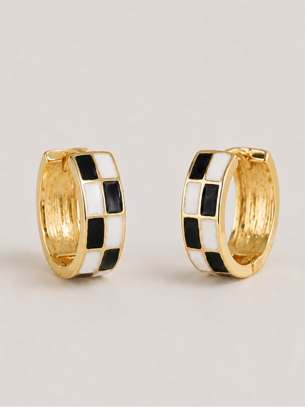 New! Gold Black and White Checkered Huggie Earrings NWOT
